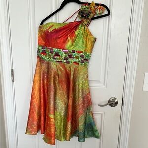 Designer JOVANI Multicolor One-Shoulder Dress Missing Beads on Waistline!